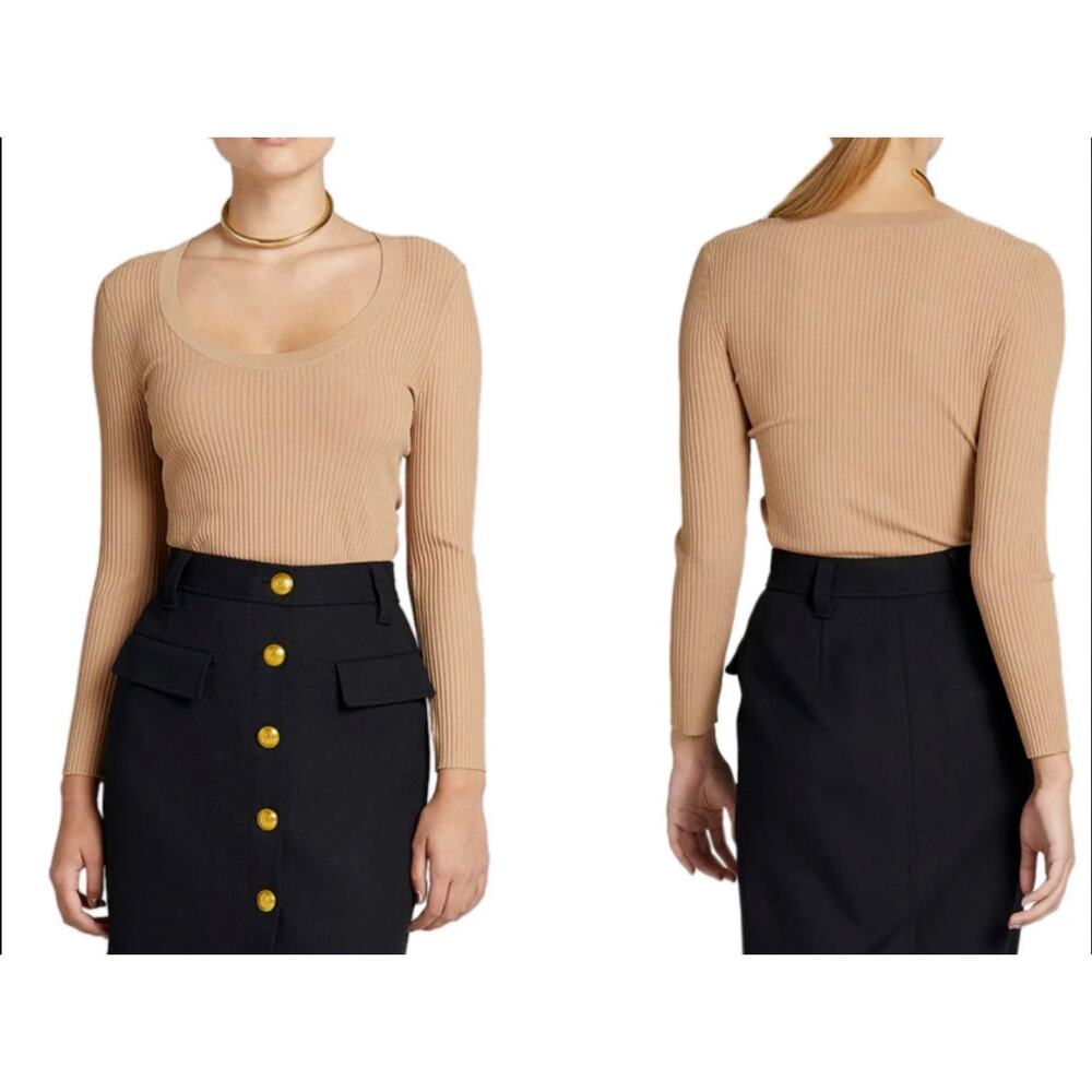 A.L.C. Ribbed Scoop Neck Long Sleeve Sweater Top‎ Ribbed Rib Knit Scoop Neck Tan